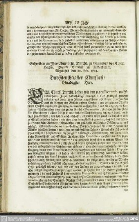 Schreiben an Ihro Churfürstl. Durchl. zu Hannover von Einem Hochw. Thumb-Capitul zu Hildesheimb. Abgangen den 20. Feb. 1704