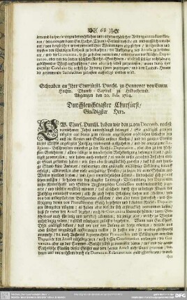 Schreiben an Ihro Churfürstl. Durchl. zu Hannover von Einem Hochw. Thumb-Capitul zu Hildesheimb. Abgangen den 20. Feb. 1704