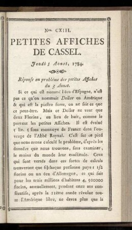 No CXIII (Jeudi 5 Aoust 1784)