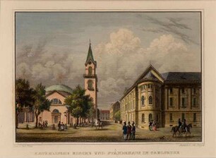 Ansichten Karlsruher Gebäude, Bauwerke und Denkmäler. "Katholische Kirche und Ständehaus in Carlsruhe". Stadtkirche St. Stefan und Ständehaus