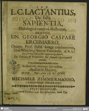 L. C. Lactantius, De falsa Sapientia, Philologica censura illustratus