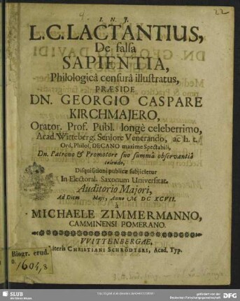 L. C. Lactantius, De falsa Sapientia, Philologica censura illustratus