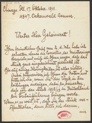 Brief an Ludwig Strecker (senior) und B. Schott's Söhne : 17.10.1911