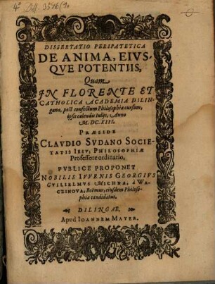 Dissertatio Peripatetica De Anima, Eiusque Potentiis
