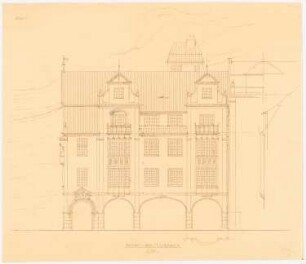 Wohn- und Geschäftshaus Breite Straße 1 - 5, Lübeck: Aufriss Vorderseite (Ansicht Breite Straße) 1:100; Vertikalschnitt und Teilhorizontalschnitt der Fassade 1:100