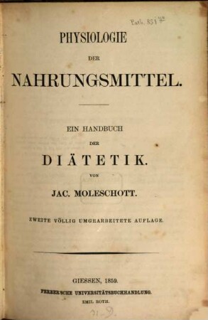 Physiologie der Nahrungsmittel : Ein Handbuch der Diätetik