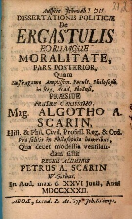 Diss. polit. de ergastulis forumque moralitate, pars posterior