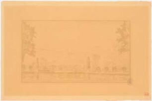 Luisenstädtischer Kanal, Berlin: Perspektivische Ansicht mit Blick vom Engelbecken auf die Abschlusswand mit Brunnenenanlage vor der Michaelkirche, Stempel
