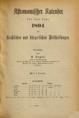 Kalender und statistisches Jahrbuch für das Königreich Sachsen nebst Marktverzeichnissen für Sachsen und die Nachbarstaaten : auf d. Jahr .... 1894