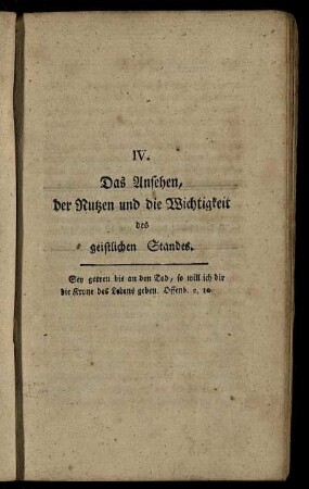 IV. Das Ansehen, der Nutzen und die Wichtigkeit des geistlichen Standes.