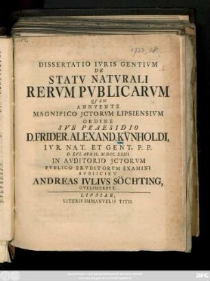 Dissertatio Ivris Gentivm : De Statv Natvrali Rervm Pvblicarvm