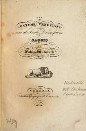 Del costume Veneziano sino al secolo decimosettimo