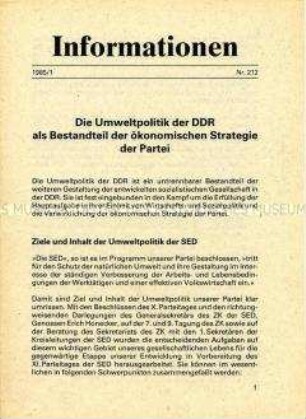 Parteiinformation der SED zu Fragen der Umweltpolitik der DDR