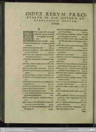 Index Rerum Praecipuarum In Hac Historia Luxemburgensi Contentarum