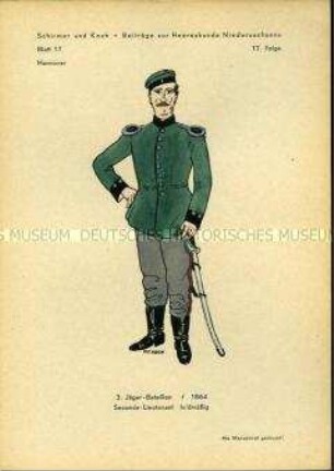 Uniformdarstellung, Seconde-Leutnant des 3. Jäger-Bataillons, Königreich Hannover, 1864.