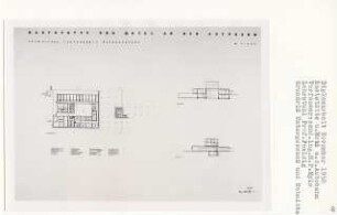 Raststätte und Motel an der Autobahn (Diplomarbeit bei Peter Poelzig): Verwaltung, Gastronomie, Übernachtung, Grundriss Untergeschoss und Schnitte 1:200