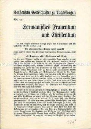 Druckschrift aus der Reihe "Katholische Volksschriften zu Tagesfragen", Nr. 10, zur Problematik "Frauentum und Christentum"