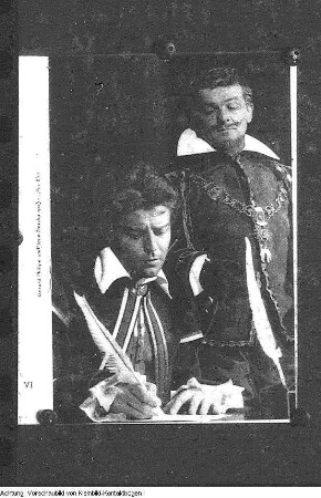 Dresden, Besuch und Auftritt des französischen Schauspielers Gérard Philipe als Hauptdarsteller, März 1955 (sowie Reproduktionen aus Programmheft). Fotoserie anläßlich des Gastspiels des Pariser Théâtre National Populaire (TNP) mit "Ruy Blas" von Victor Hugo im Großen Haus der Staatstheater Dresden, 19. März 1955