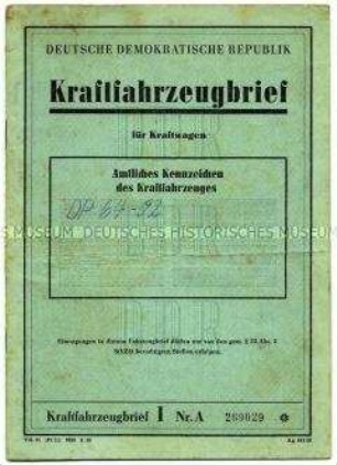 Fahrzeugbrief aus der DDR für einen PKW Baujahr 1936