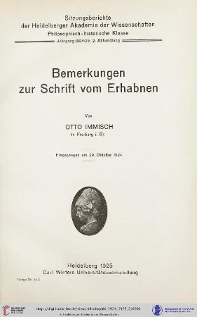1924/25, 2. Abhandlung: Sitzungsberichte der Heidelberger Akademie der Wissenschaften, Philosophisch-Historische Klasse: Bemerkungen zur Schrift vom Erhabnen