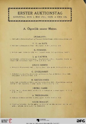 Erster Auktionstag Dienstag, den 3. Mai 1904, von 10 Uhr ab (Nr. 1-158)
