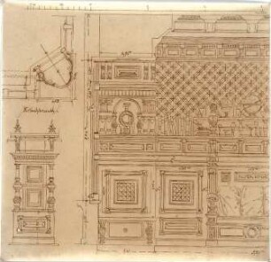 Zocher, Ernst; Architektonische Entwürfe - Wandentwurf (Aufriss); Notenschrank (Grundriss, Ansicht)