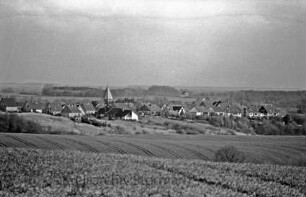 Blick auf den Ort mit Kirche und Wohnhäusern: vorn und hinten Felder und Wiesen: in Hintergrund Bäume