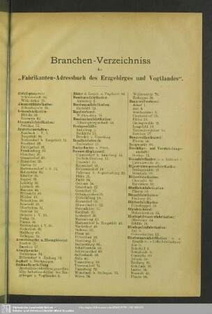 Branchen-Verzeichniss des "Fabrikanten-Adressbuch des Erzgebirges und Vogtlandes"