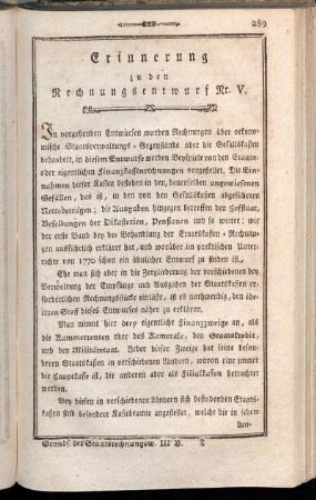Erinnerung zu den Rechnungsentwurf Nr. V.