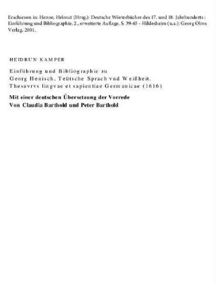 Einführung und Bibliographie zu Georg Henisch, Teütsche Sprach und Weißheit