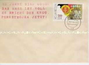 Briefumschlag mit Sondermarke zum 40. Jahrestag der DDR und selbstgefertigtem Stempel zu deren Ende