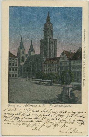 "St.Kilianskirche" - Außenansicht der Kilianskirche von Nordwesten, Marktplatz mit Robert-Mayer-Denkmal, Häuser Kaiserstraße 32 und 34