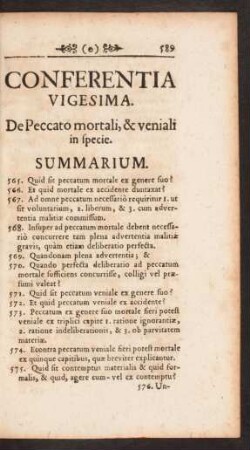 Conferentia Vigesima. De Peccato mortali, & veniali in specie