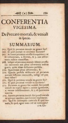 Conferentia Vigesima. De Peccato mortali, & veniali in specie