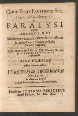 Disputatio Medica Inauguralis De Paralysi