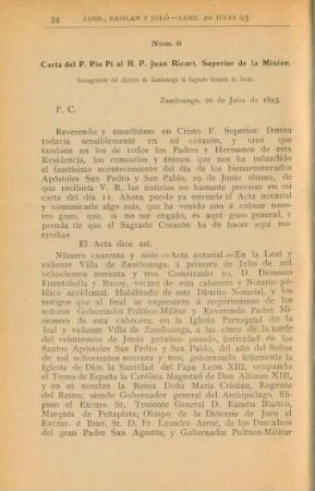 Núm. 6. Carta del P. Pío Pí al R. P. Juan Ricart, Superior de la Misión