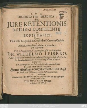 Dissertatio Iuridica De Iure Retentionis Mulieri Competente In Bonis Mariti