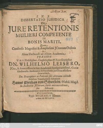Dissertatio Iuridica De Iure Retentionis Mulieri Competente In Bonis Mariti