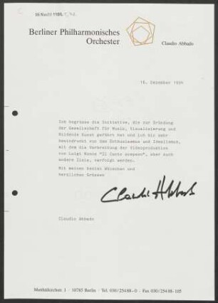 Text von Claudio Abbado über die Gesellschaft für Musik, Visualisierung und Bildende Kunst