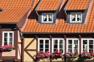 Quedlinburg - Fachwerkhaus mit Geranien : Fachwerkhaus aus dem 17. Jahrhundert in der Goldstraße. Aufgenommen am 16. Oktober 2012 in Quedlinburg