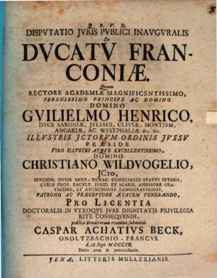 Dispvtatio Jvris Pvblici Inavgvralis De Dvcatv Franconiæ