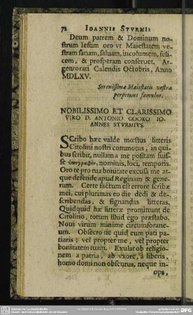 Nobilissimo Et Clarissimo Viro D. Antonio Cooko Ioannes Sturmius