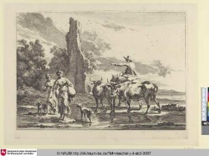 [Der Hirt, welcher den Weg zeigt; Mounted herd and two girls crossing a ford]