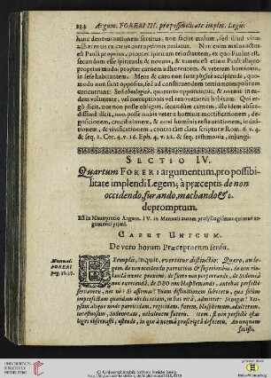 Sectio IV: Quartum Foreri argumentum, pro possibilitate implendi Legem; a praeceptis de non occidendo […]