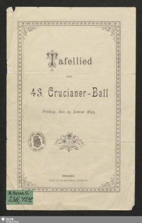 Tafellied zum 43. Crucianer-Ball : Freitag, den 13. Januar 1893