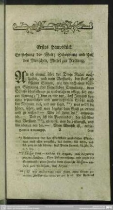 Erstes Hauptstück. Entstehung der Welt; Schöpfung und Fall des Menschen, Mittel zur Rettung