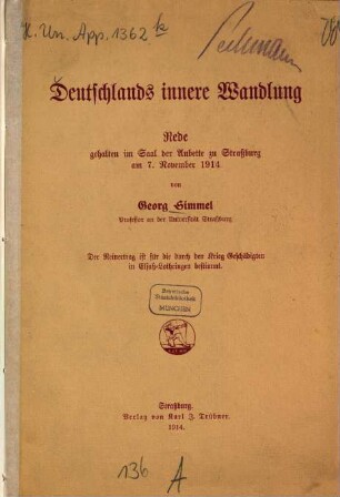 Deutschlands innere Wandlung : Rede, gehalten im Saal der Aubette zu Straßburg am 7. November 1914