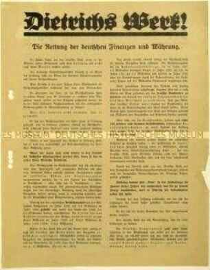 Flugblatt der Deutschen Staatspartei zur Politik des Finanzministers Hermann Dietrich und Aufruf zur Reichstagswahl am 31. Juli 1932