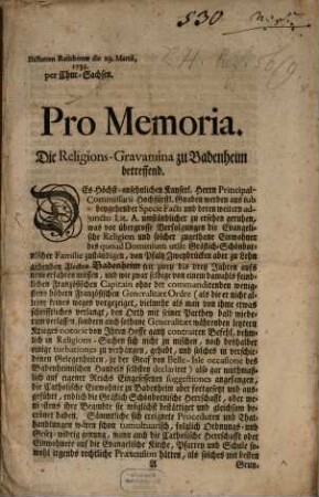 Promemoria die Religions-Gravamina zu Badenheim betreffend