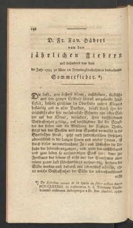 [VIII.] D. Fr. Xav. Häberl von den jährlichen Fiebern und besonders von dem im Jahr 1783. zu Wien im Dreyeinigkeitshospitale beobachteten Sommerfiebern
